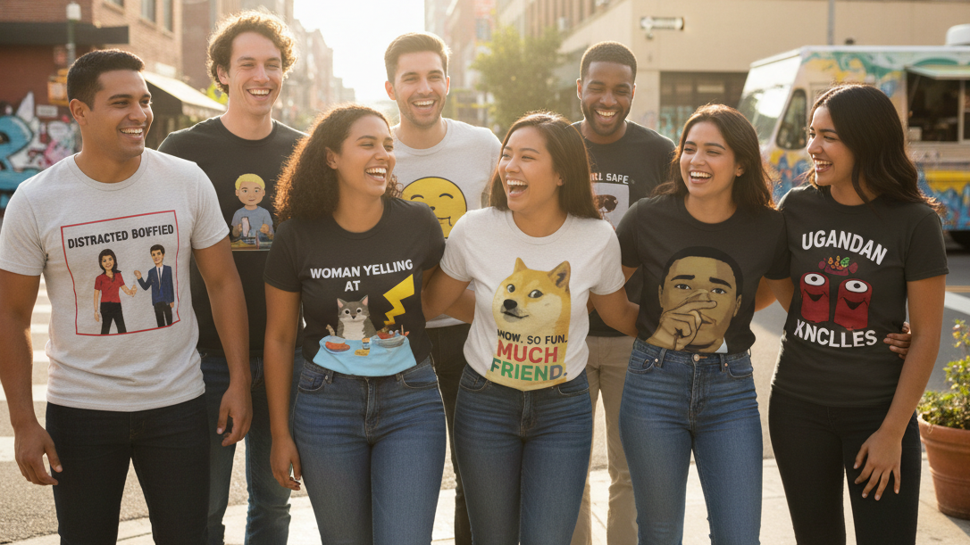 kialka osób jest ubranych w koszulki z memami